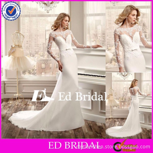 NN01 2016 New See Through Back Chiffon Skirt Lace Top Long Sleeve Bridal Gown